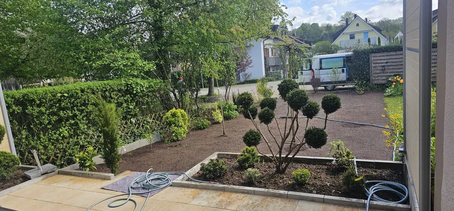 Angelegter Garten mit geschnittener Hecke, Formgehölzen und frisch bepflanztem Beet